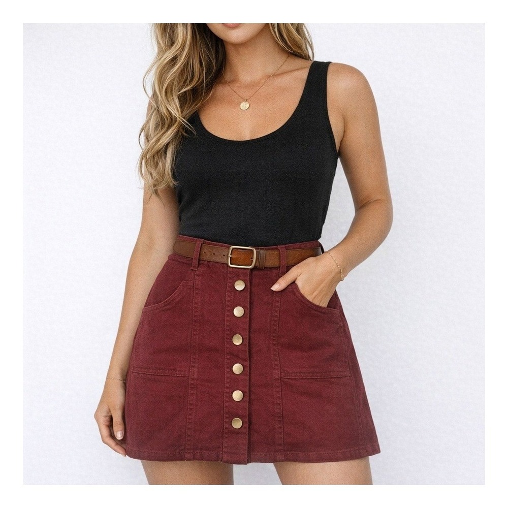 Altar'd State Burgundy Button Front Mini Skirt Wine Red Cotton Blend Size S